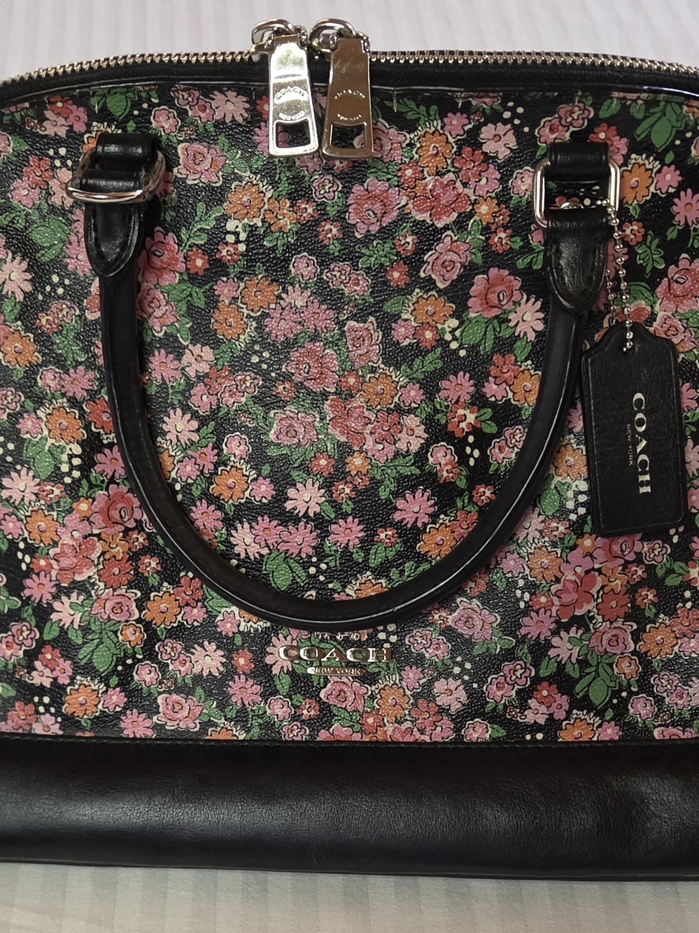 Coach Black Floral Dome Satchel with Pink & Green Bouquet - Picture 2 of 8